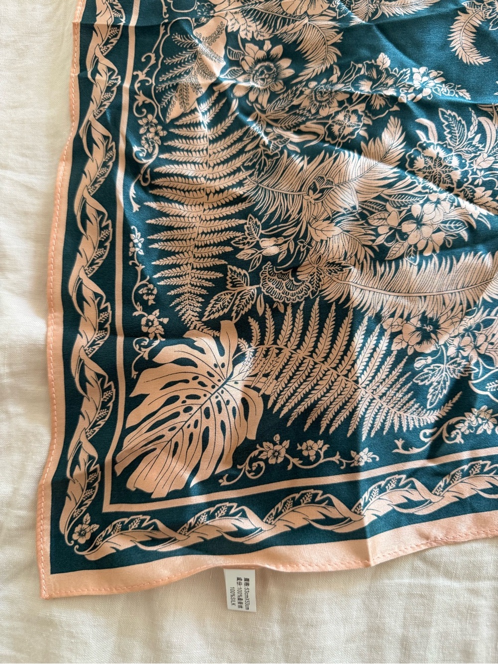 Mulberry Silk print scarf square headscarf pink teal leaf print romantic French - Picture 3 of 5